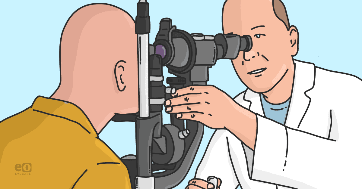 Image of an optometrist performing a slit lamp examination on a patient to represent addressing uncorrected astigmatism.