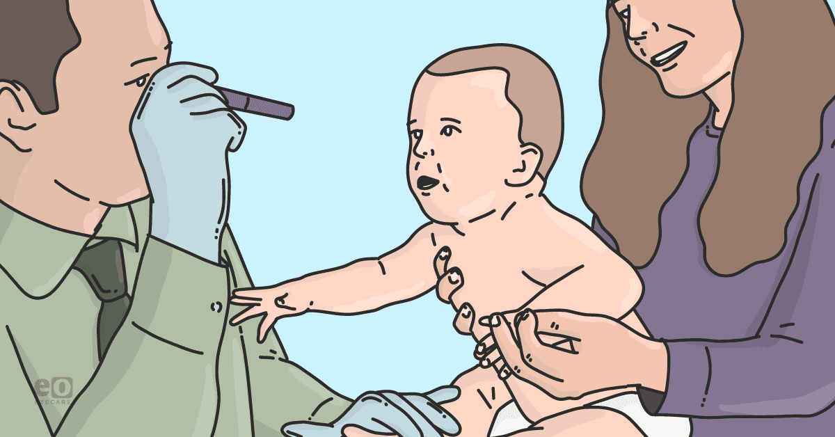 Image of an optometrist performing a vision exam on a newborn baby while the parents holds the child.