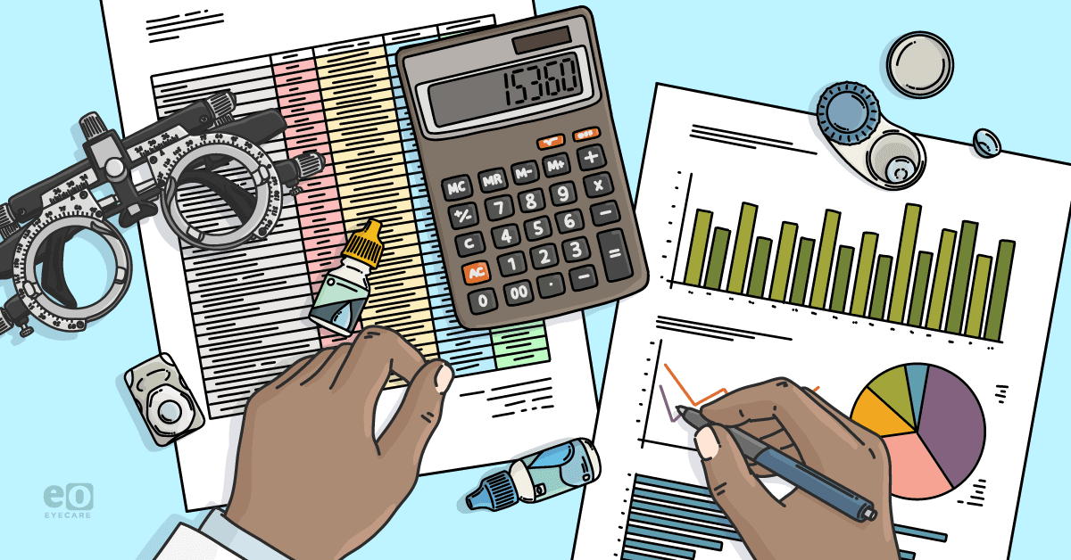 Image of an optometrist calculating practice costs and budgeting with a calculator and graphs.