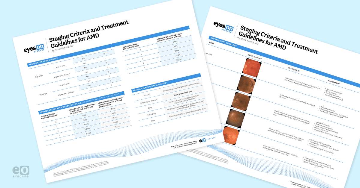 Image of two pages from a cheat sheet on accurately staging age-related macular degeneration (AMD)